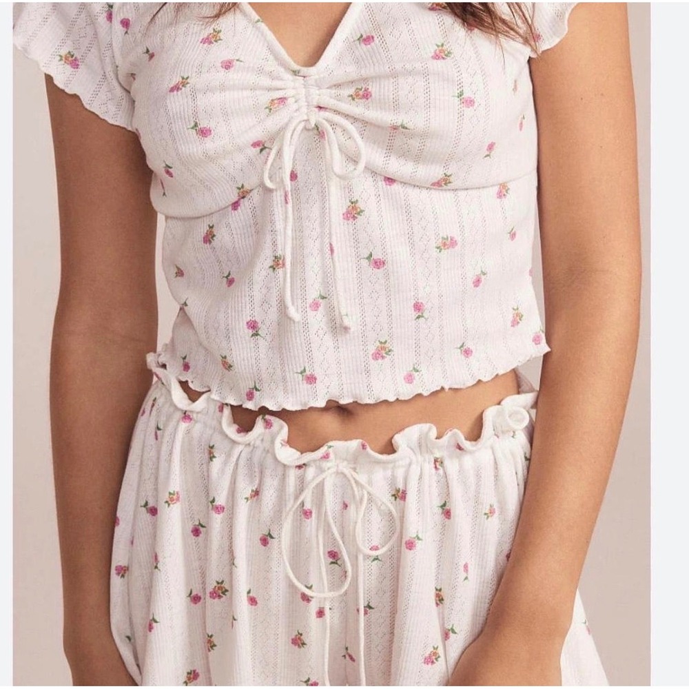 For Love & Lemons Floral Pointelle Crop Top White Pink Small